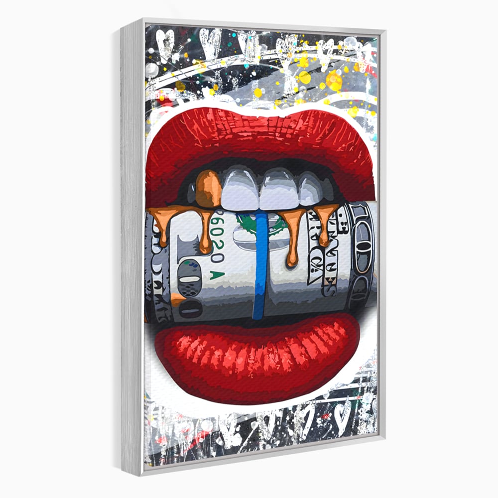 Tablou canvas cu ilustratie digitala buze rosii cu bani, in rama de aluminiu argintiu
